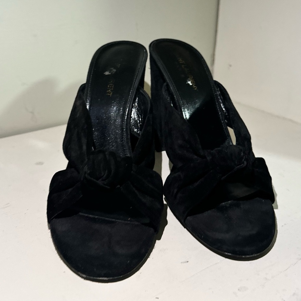 Saint Laurent Black Suede Mules with Bow